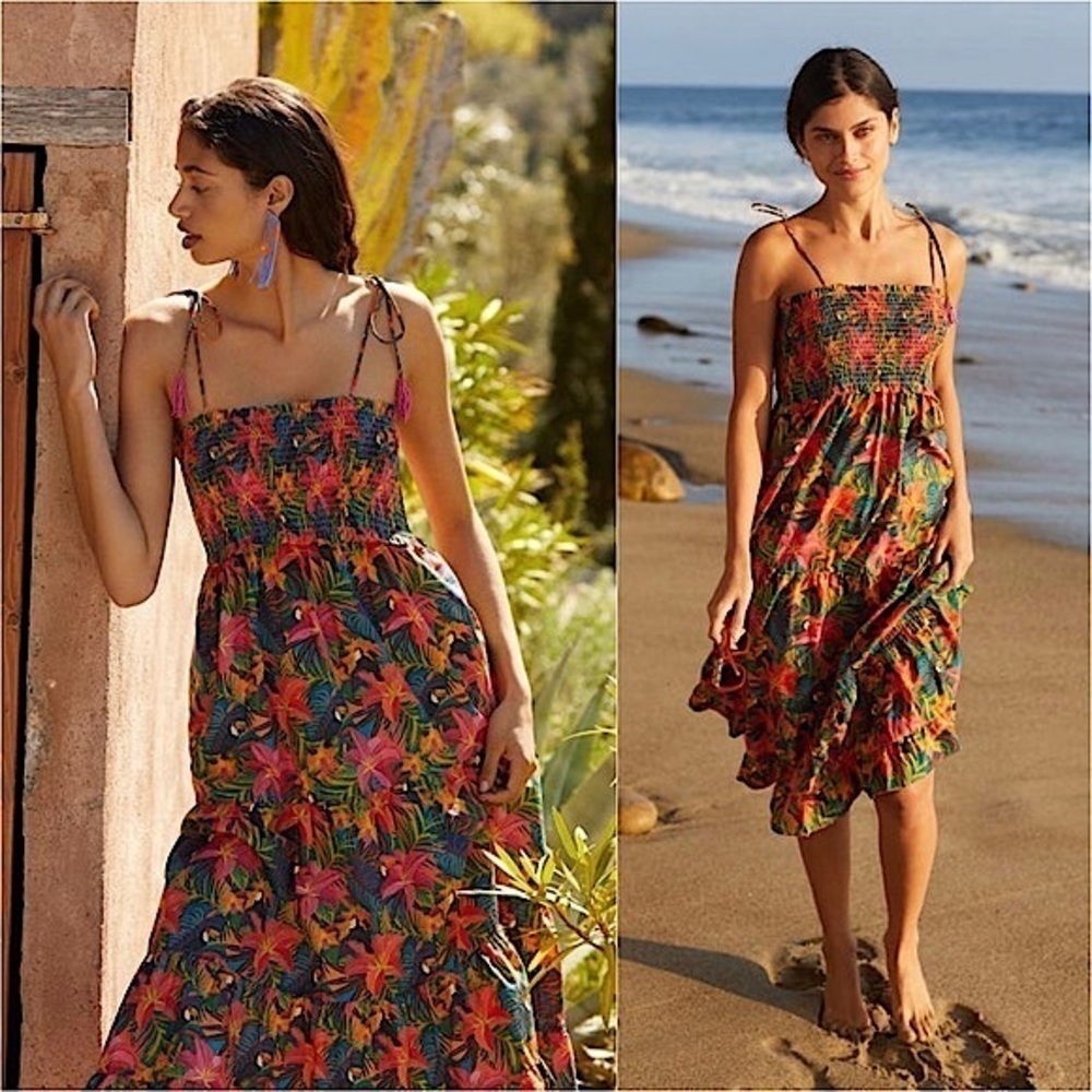 FARM RIO Tropical Floral Square Neck Ruched Sleeveless Ruffle Tier Midi Dress S